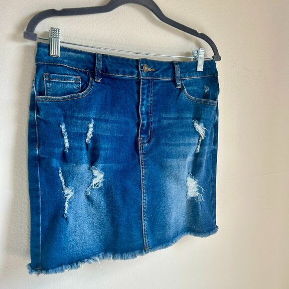 Distressed Dark Wash Denim Mini Skirt - Picture 2 of 4